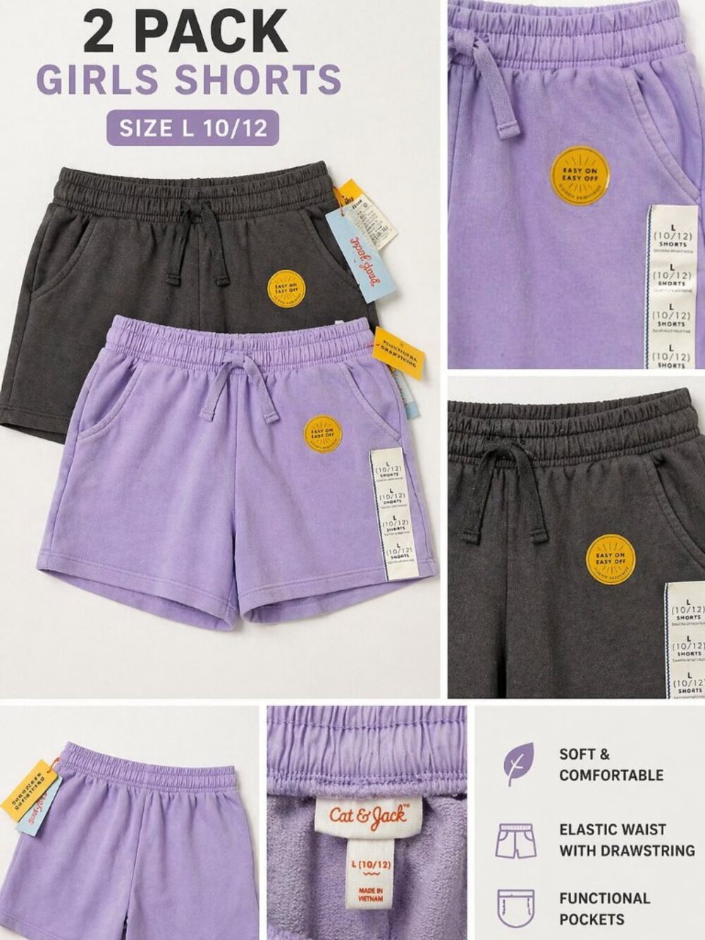 Cat & Jack Girls Shorts Set 2 Pack L 10-12 Lavender Gray Elastic Waist Casual